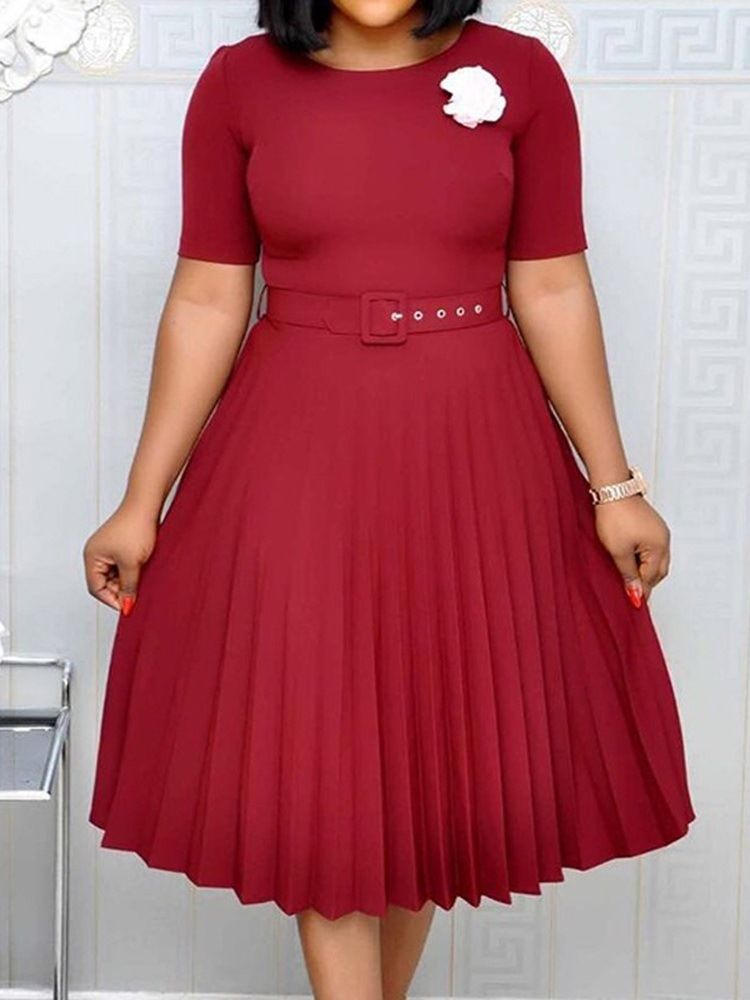Vestido Normal Feminino De Manga Curta Com Gola Redonda Pregueada
