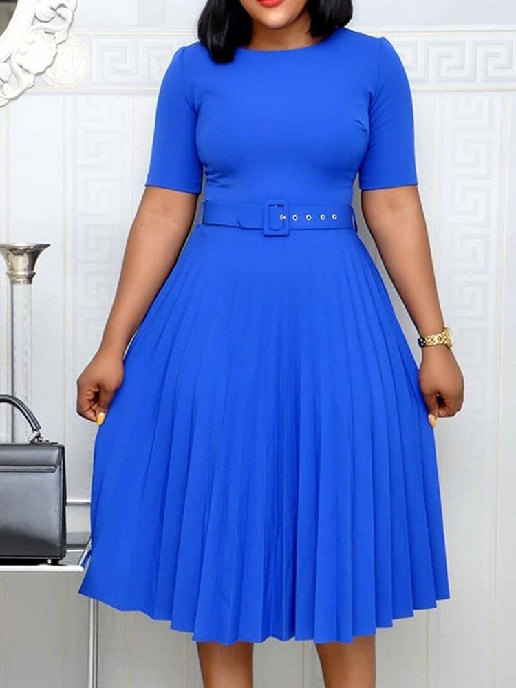 Vestido Normal Feminino De Manga Curta Com Gola Redonda Pregueada