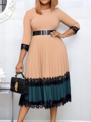 Vestido De Pulôver Feminino De Manga Curta Com Meia Panturrilha Redonda