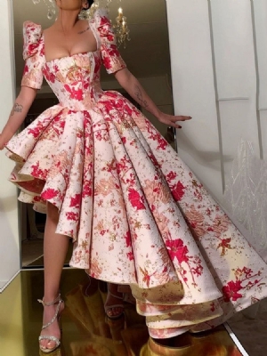 Vestido Regular Feminino Bordado De Manga Curta Com Decote Quadrado