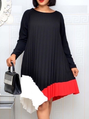 Vestido Regular Feminino Em Patchwork De Patchwork Com Gola Redonda E Panturrilha Média