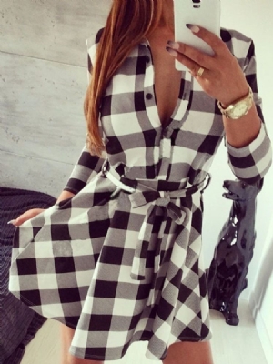 Vestido Xadrez Feminino Com Gola Longa E Manga Comprida Com Cordões De Peito Único