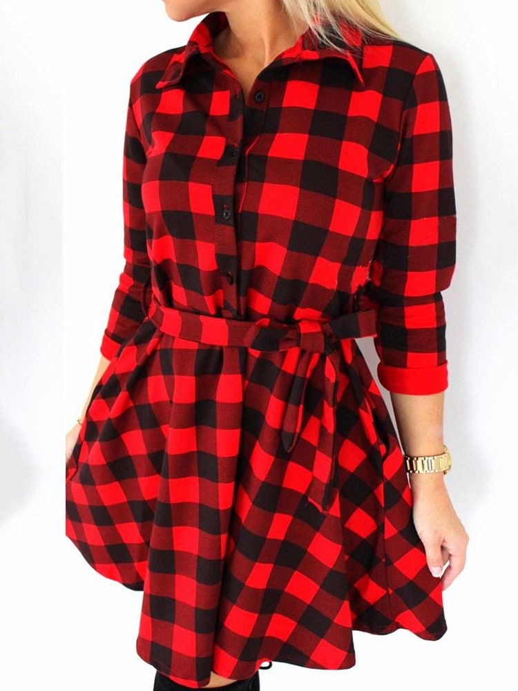 Vestido Xadrez Feminino Com Gola Longa E Manga Comprida Com Cordões De Peito Único