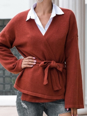 Camisola De Outono Feminina Com Manga Flare Fina Com Decote Em V
