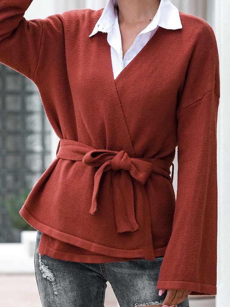 Camisola De Outono Feminina Com Manga Flare Fina Com Decote Em V