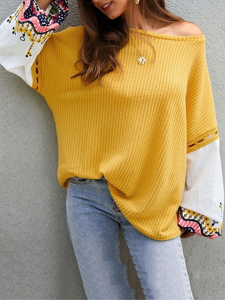 Suéter Feminino De Patchwork Lanterna Manga Fina Solta Para O Outono