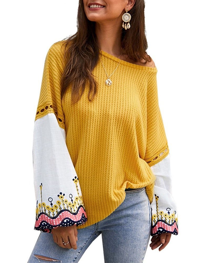Suéter Feminino De Patchwork Lanterna Manga Fina Solta Para O Outono