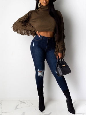 Suéter Regular Feminino De Gola Alta Com Franjas