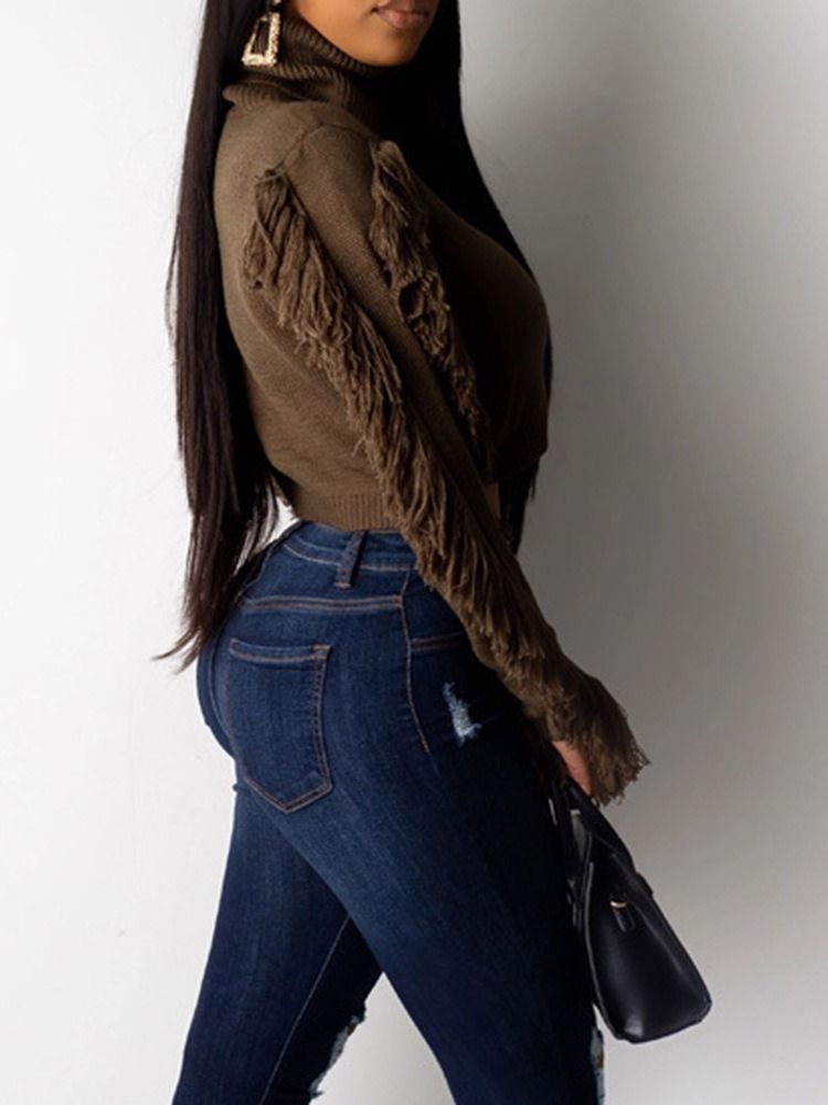 Suéter Regular Feminino De Gola Alta Com Franjas