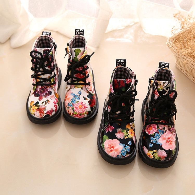 Botas De Bebê Com Zíper Floral Redondo Na Ponta Do Pé