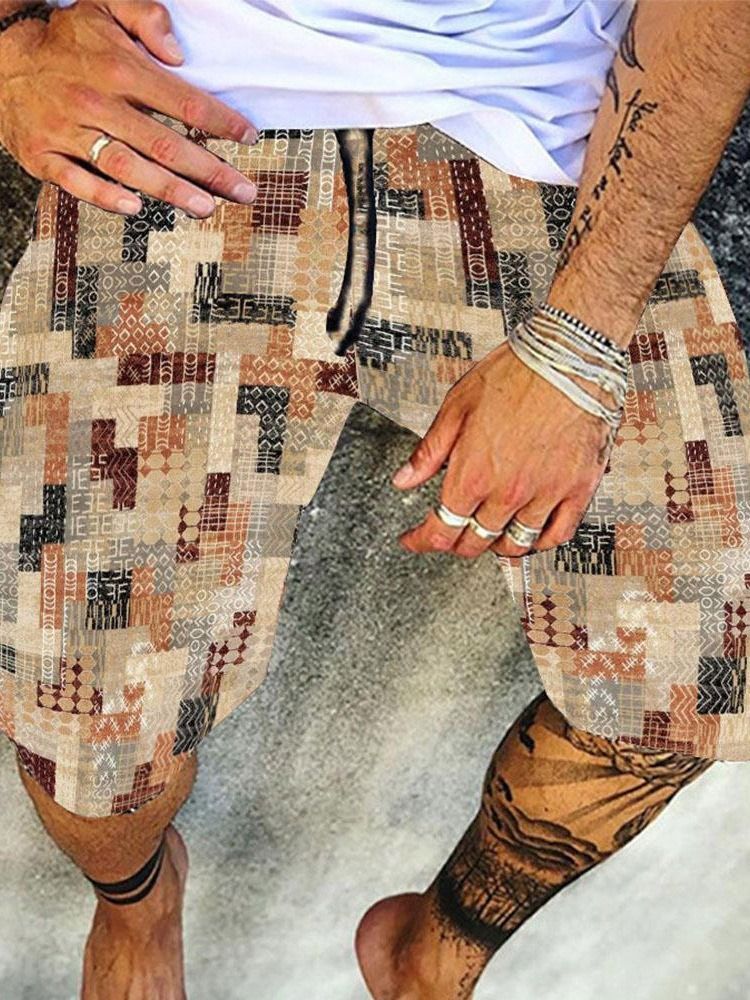 Calções Casuais Masculinos Estampados Geométricos Retos Com Cordões