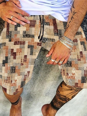 Calções Casuais Masculinos Estampados Geométricos Retos Com Cordões