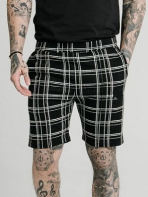 Calções Casuais Masculinos Xadrez De Bolso Reto Elásticos