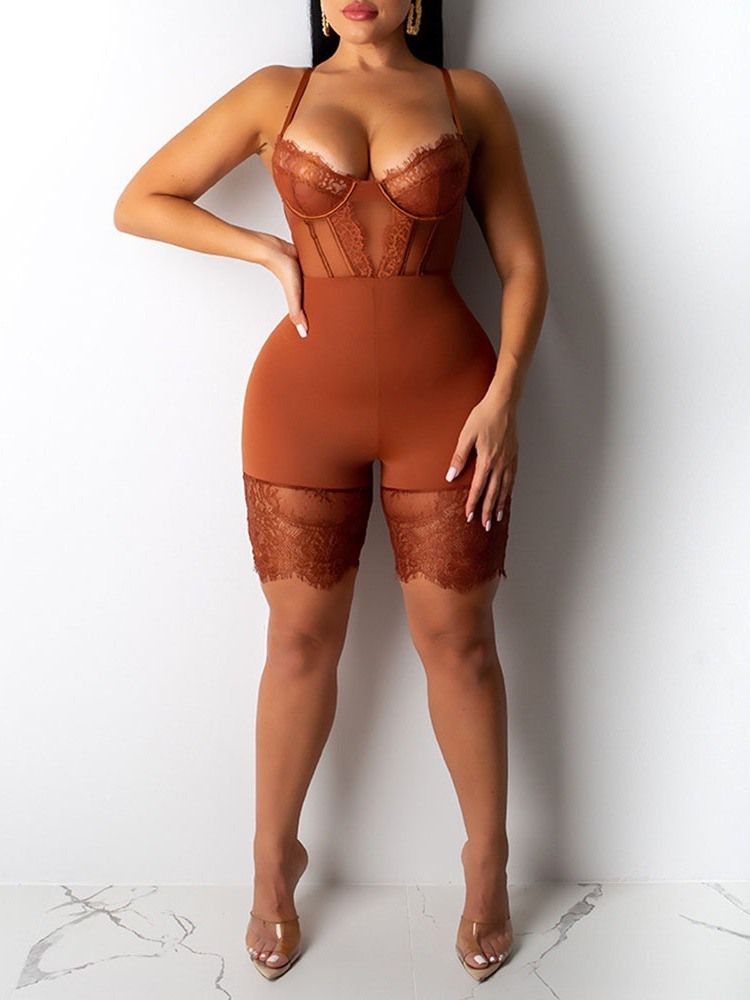 Macacão Feminino Sexy De Renda Lisa E Magro