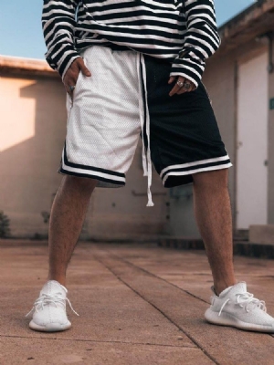 Patchwork Color Block Loose Lace-up Shorts De Cintura Média Masculino