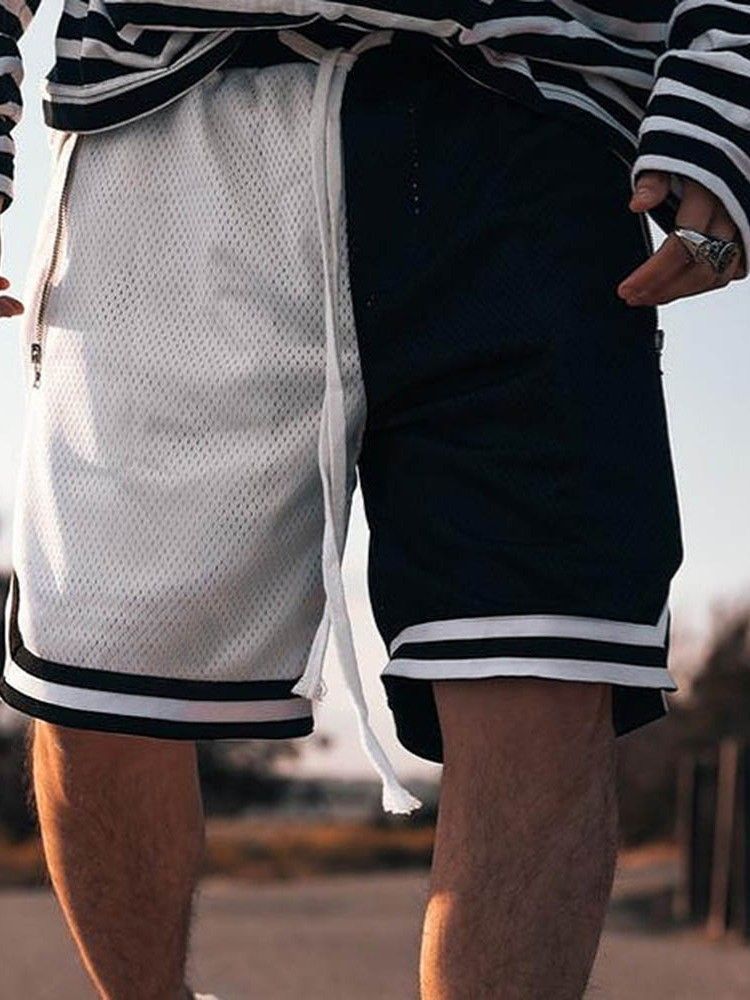 Patchwork Color Block Loose Lace-up Shorts De Cintura Média Masculino