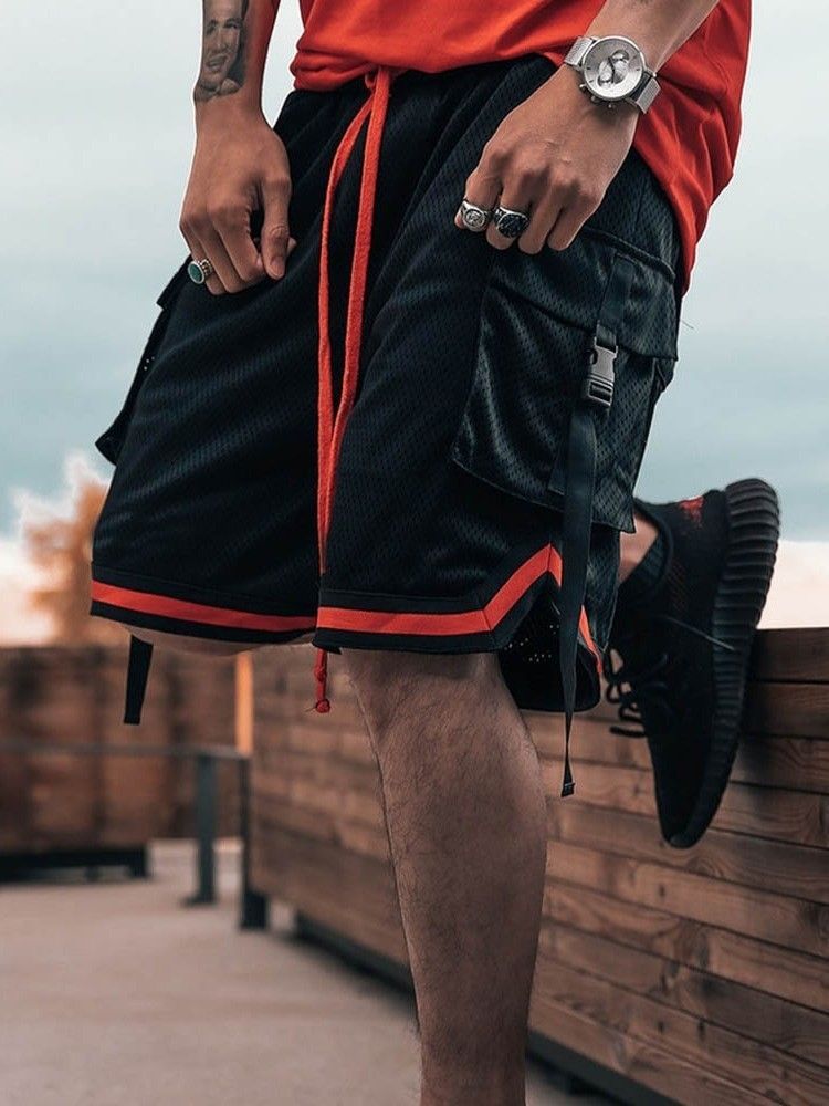 Patchwork Color Block Loose Lace-up Shorts De Cintura Média Masculino