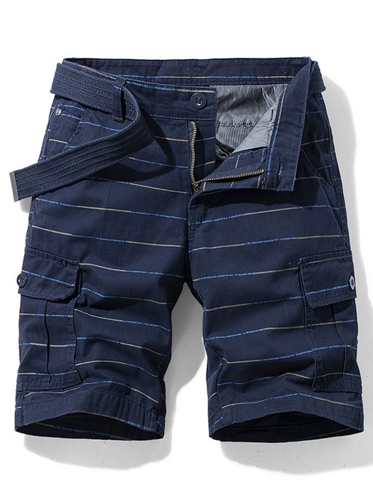 Shorts De Botão Masculino Com Estampa Listrada De Cintura Média