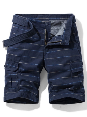 Shorts De Botão Masculino Com Estampa Listrada De Cintura Média