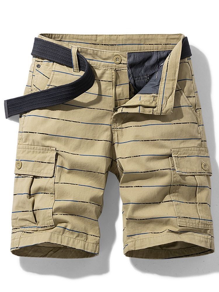Shorts De Botão Masculino Com Estampa Listrada De Cintura Média
