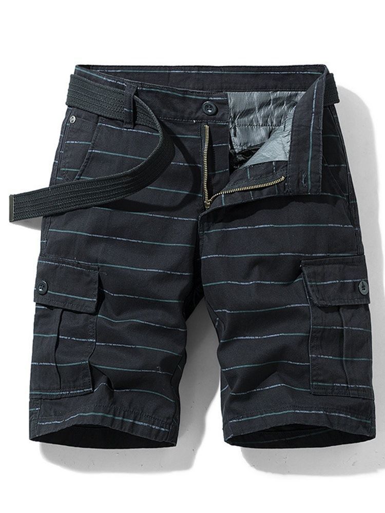 Shorts De Botão Masculino Com Estampa Listrada De Cintura Média