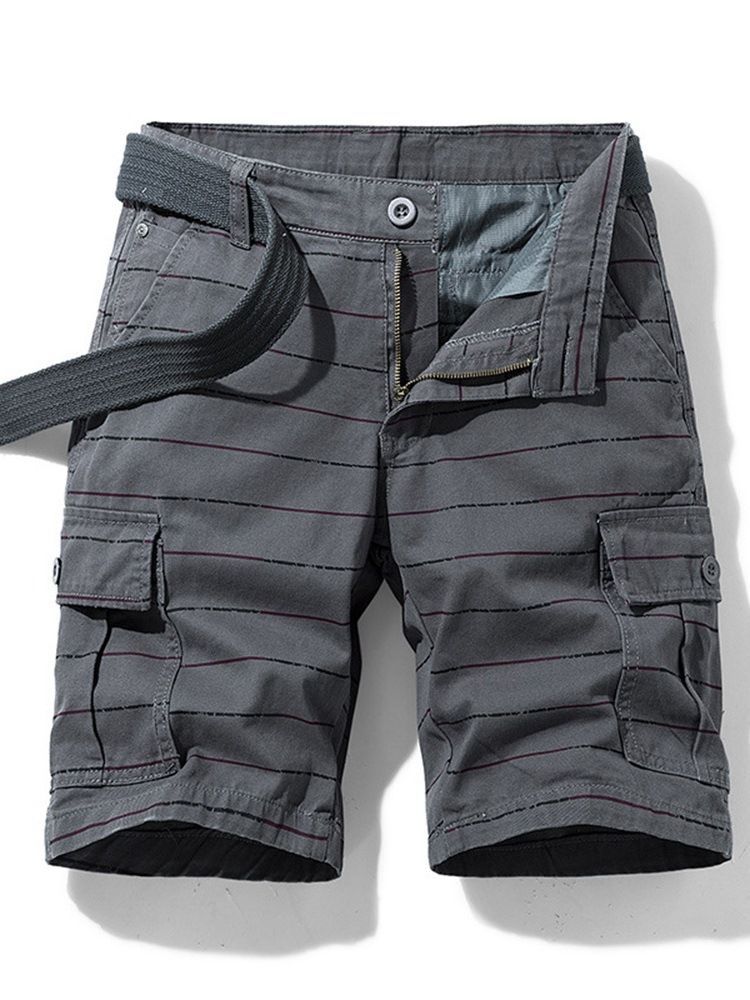 Shorts De Botão Masculino Com Estampa Listrada De Cintura Média