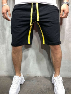 Shorts Casuais Masculinos Com Cordão E Listra Reta Cintura Média