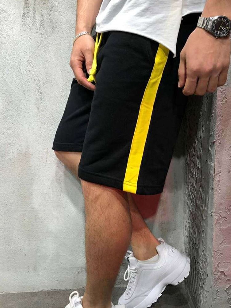 Shorts Casuais Masculinos Com Cordão E Listra Reta Cintura Média