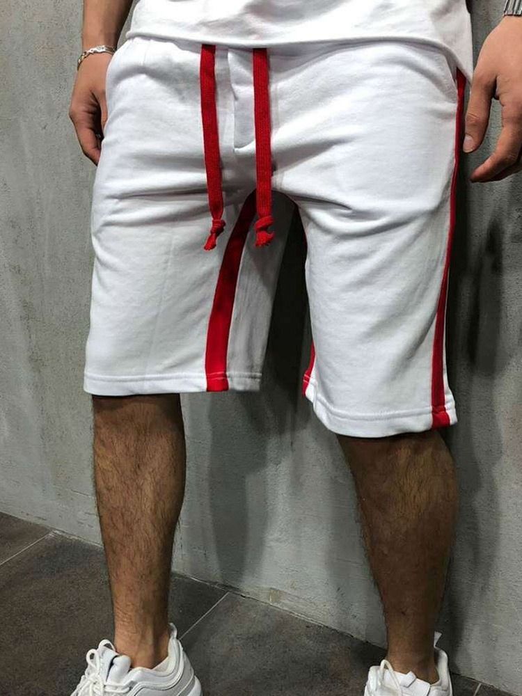 Shorts Casuais Masculinos Com Cordão E Listra Reta Cintura Média