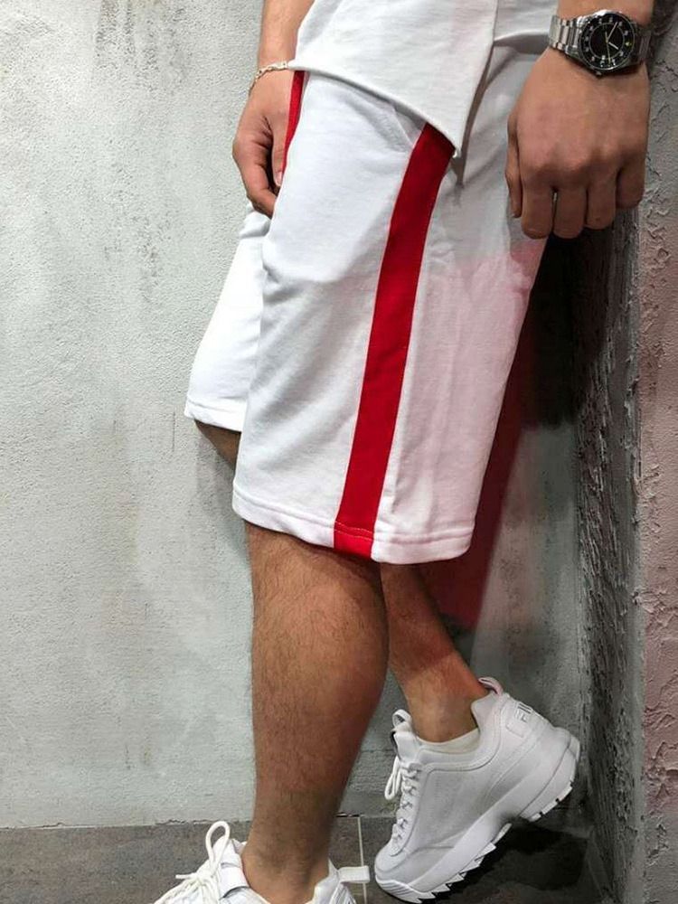Shorts Casuais Masculinos Com Cordão E Listra Reta Cintura Média