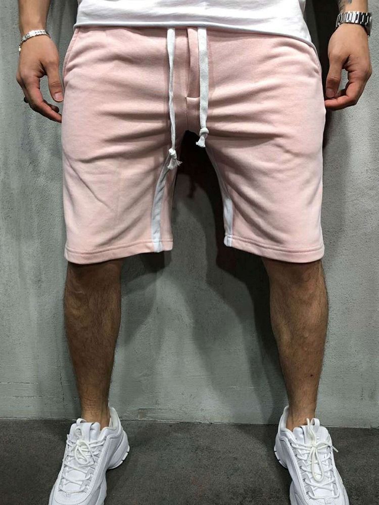 Shorts Casuais Masculinos Com Cordão E Listra Reta Cintura Média
