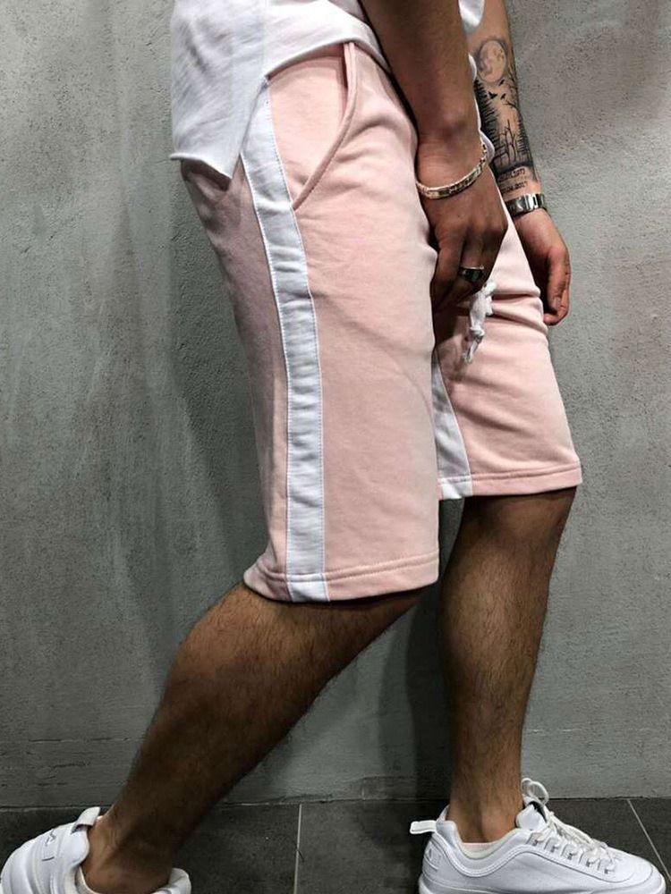 Shorts Casuais Masculinos Com Cordão E Listra Reta Cintura Média