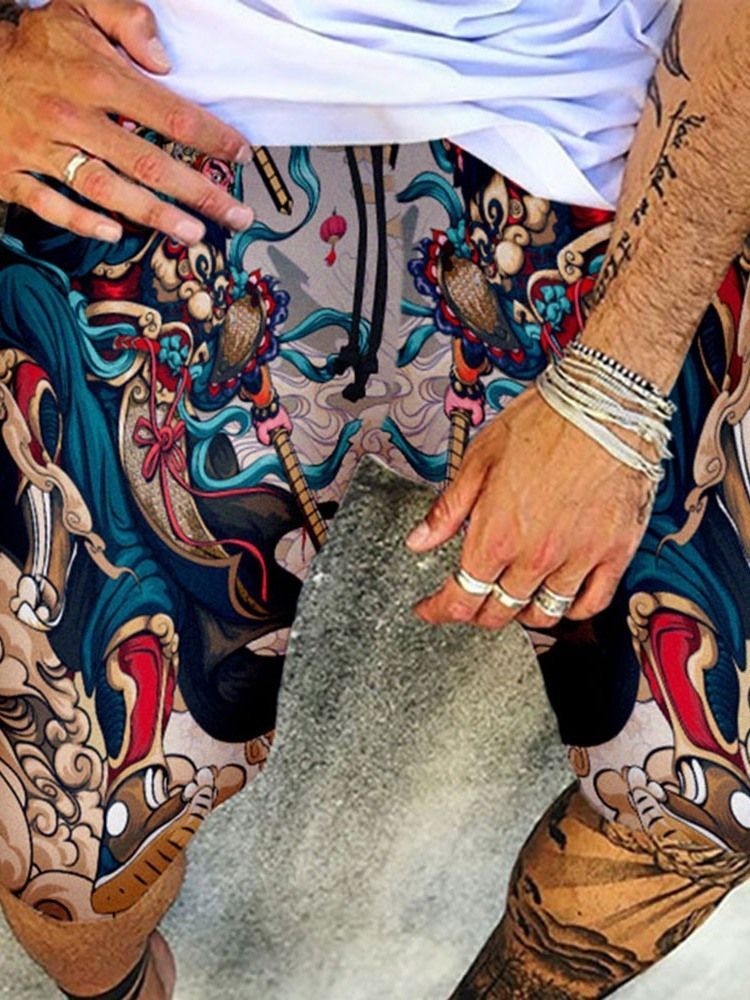 Shorts Casuais Masculinos Com Estampa Antiga Reta Com Cordões