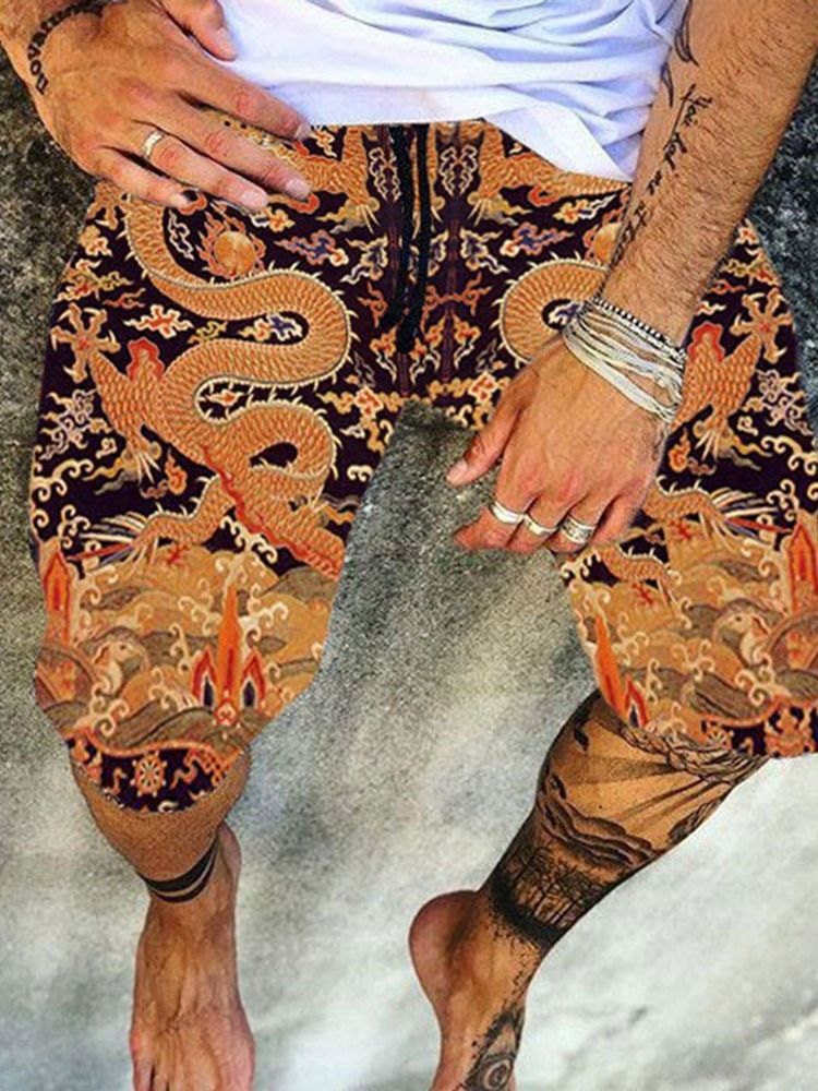 Shorts Casuais Masculinos Com Estampa Dragão Reta Com Cordões
