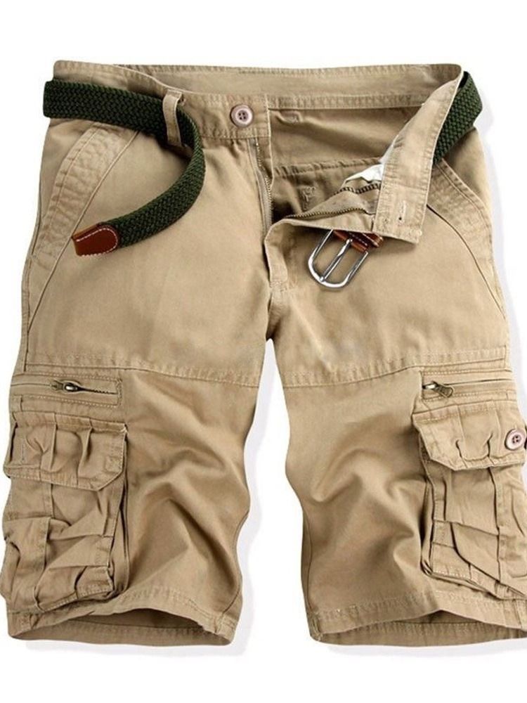 Shorts Casuais Masculinos Com Zíper Reto Liso De Cintura Média