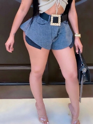 Shorts Femininos Com Botões Simples De Pernas Largas E Zíper Slim