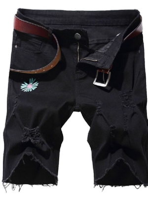 Shorts Jeans Masculinos Com Bordado Reto Floral Cintura Média Com Zíper