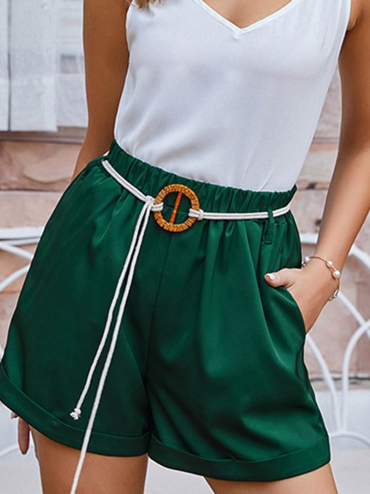 Shorts Simples De Patchwork Elásticos De Cintura Média Feminina