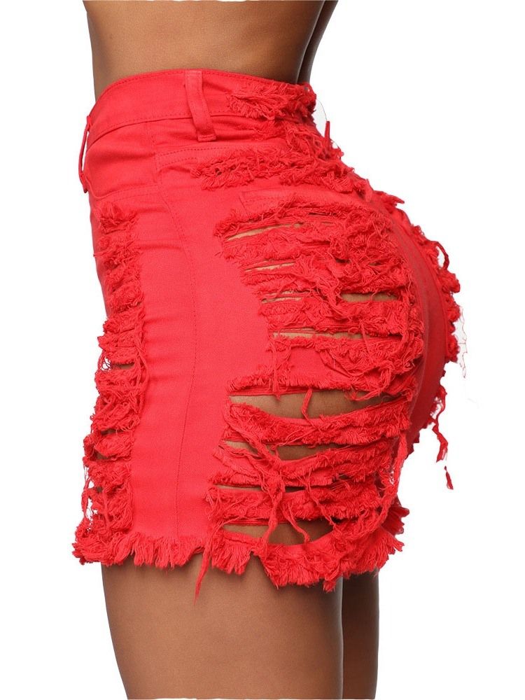 Shorts Slim Feminino Jeans Liso Rasgado De Cintura Alta