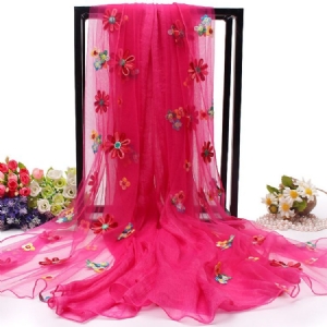 Lenço Longo Feminino Bordado Em Chiffon Com Várias Cores