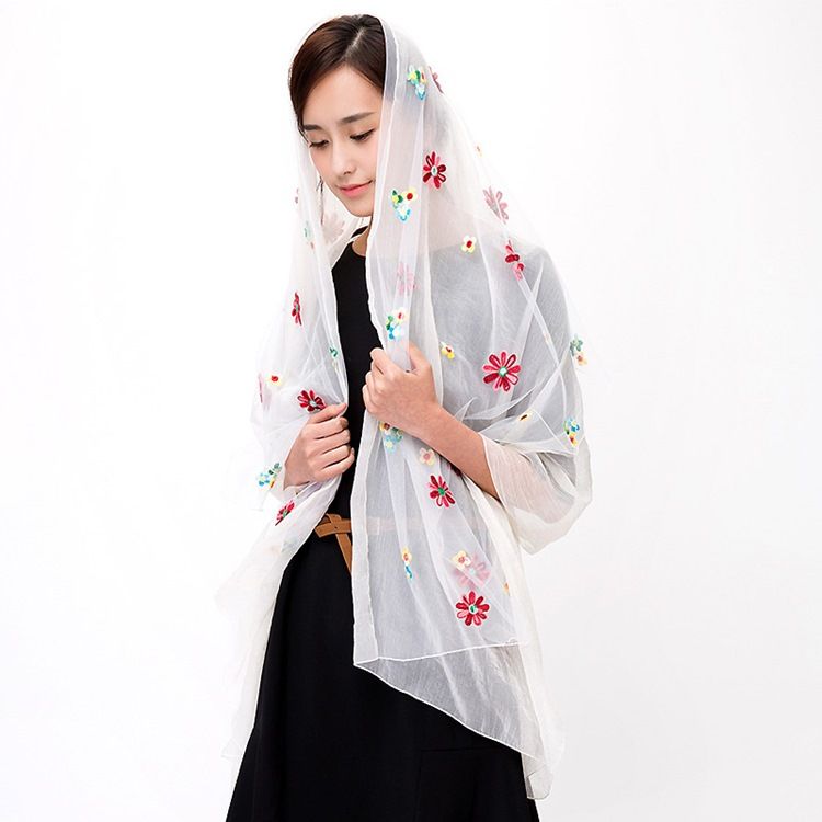Lenço Longo Feminino Bordado Em Chiffon Com Várias Cores