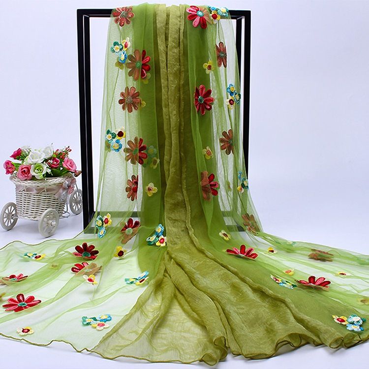 Lenço Longo Feminino Bordado Em Chiffon Com Várias Cores