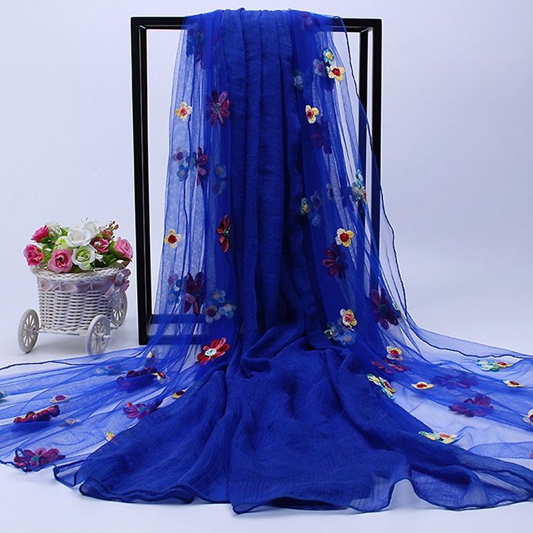Lenço Longo Feminino Bordado Em Chiffon Com Várias Cores