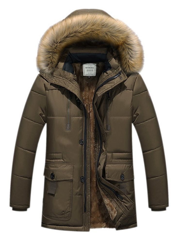 Casaco De Inverno Masculino Com Capuz De Pele Falsa Lisa