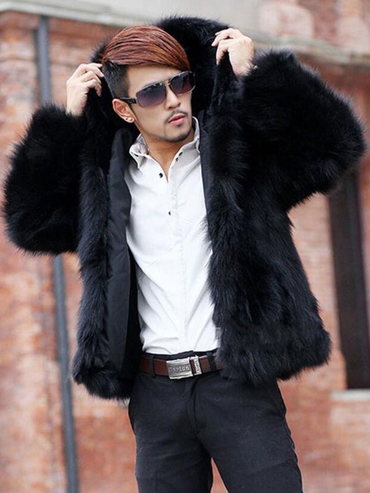 Casaco De Inverno Masculino Com Capuz De Pele Lisa Engrossar Quente Vogue