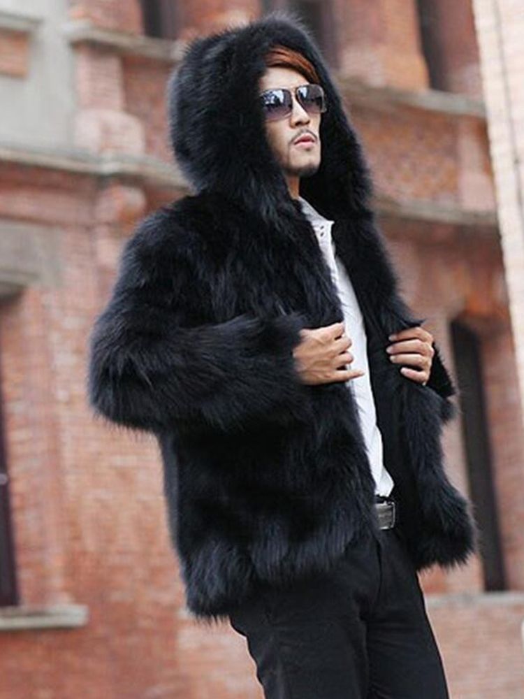Casaco De Inverno Masculino Com Capuz De Pele Lisa Engrossar Quente Vogue