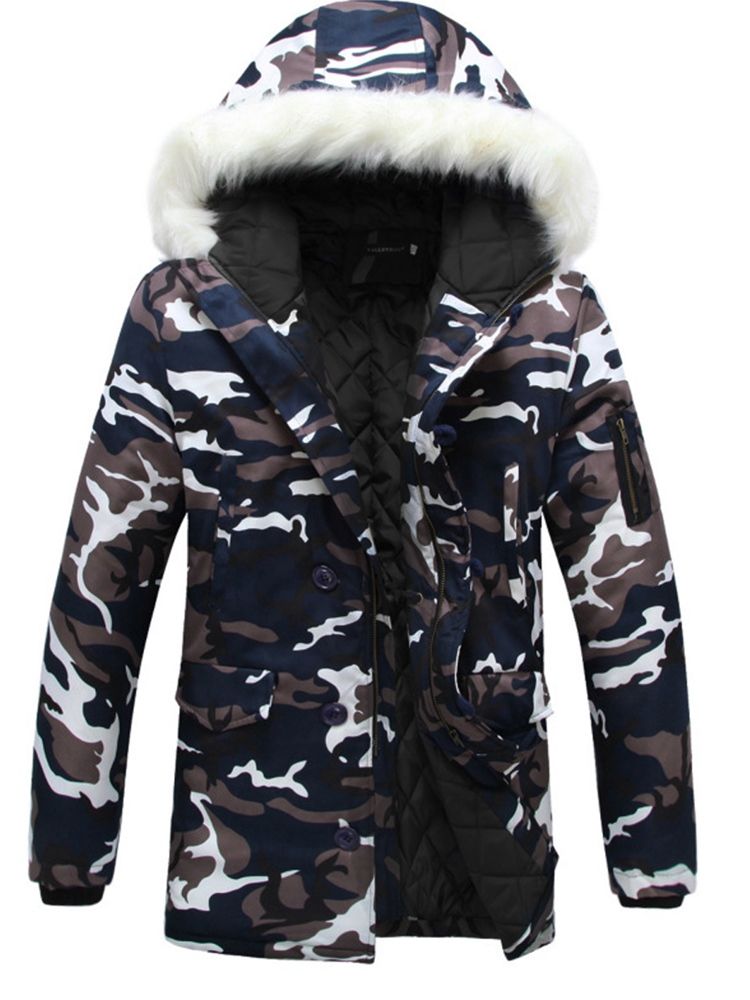 Casaco De Inverno Masculino Com Estampa Camuflada De Gola De Pele Falsa E Zíper Grosso