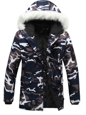 Casaco De Inverno Masculino Com Estampa Camuflada De Gola De Pele Falsa E Zíper Grosso