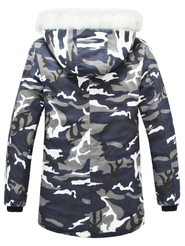Casaco De Inverno Masculino Com Estampa Camuflada De Gola De Pele Falsa E Zíper Grosso