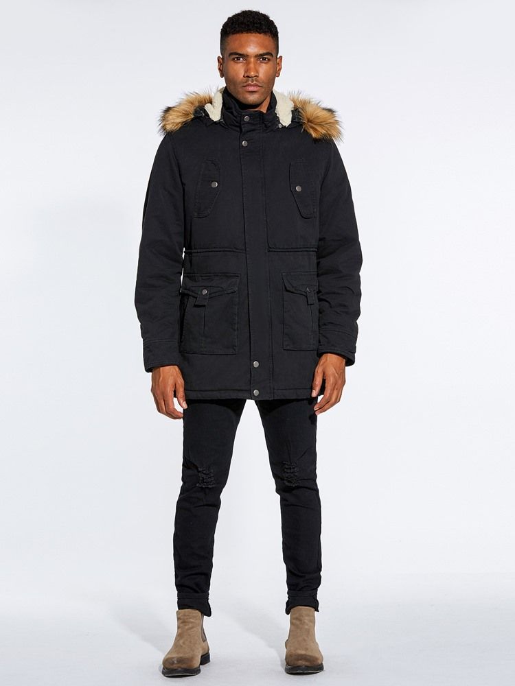 Jaqueta De Inverno Masculina Com Capuz De Pele Com Zíper Liso